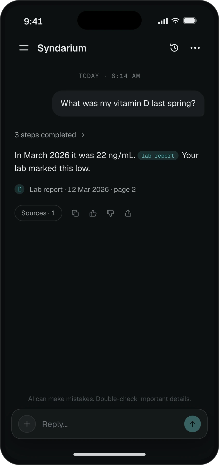Sample chat screen. The answer to a vitamin D question, with the lab report, date and page it came from.