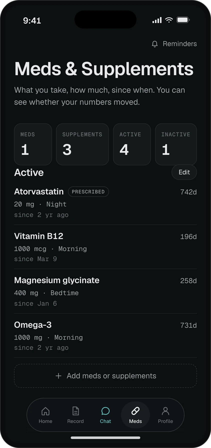 Sample meds and supplements screen. Four active items, each with its dose, time of day and start date.